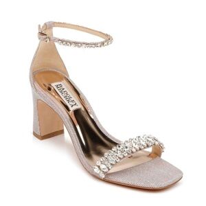 Badgley Mischka Harriet Open Square Toe Rhinestone Rose Gold Block Heel NWOB